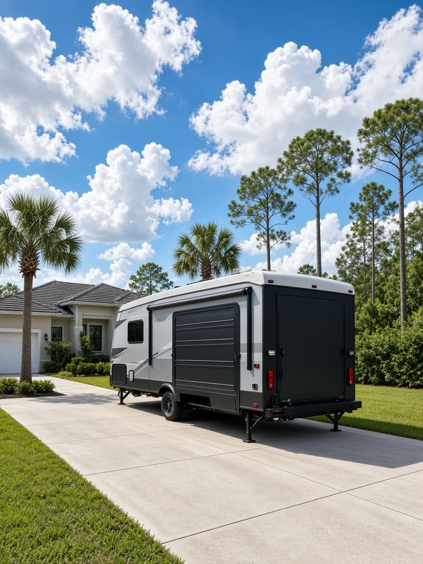 A residential driveway with a travel trailer in Pasco County, Florida, no landmarks