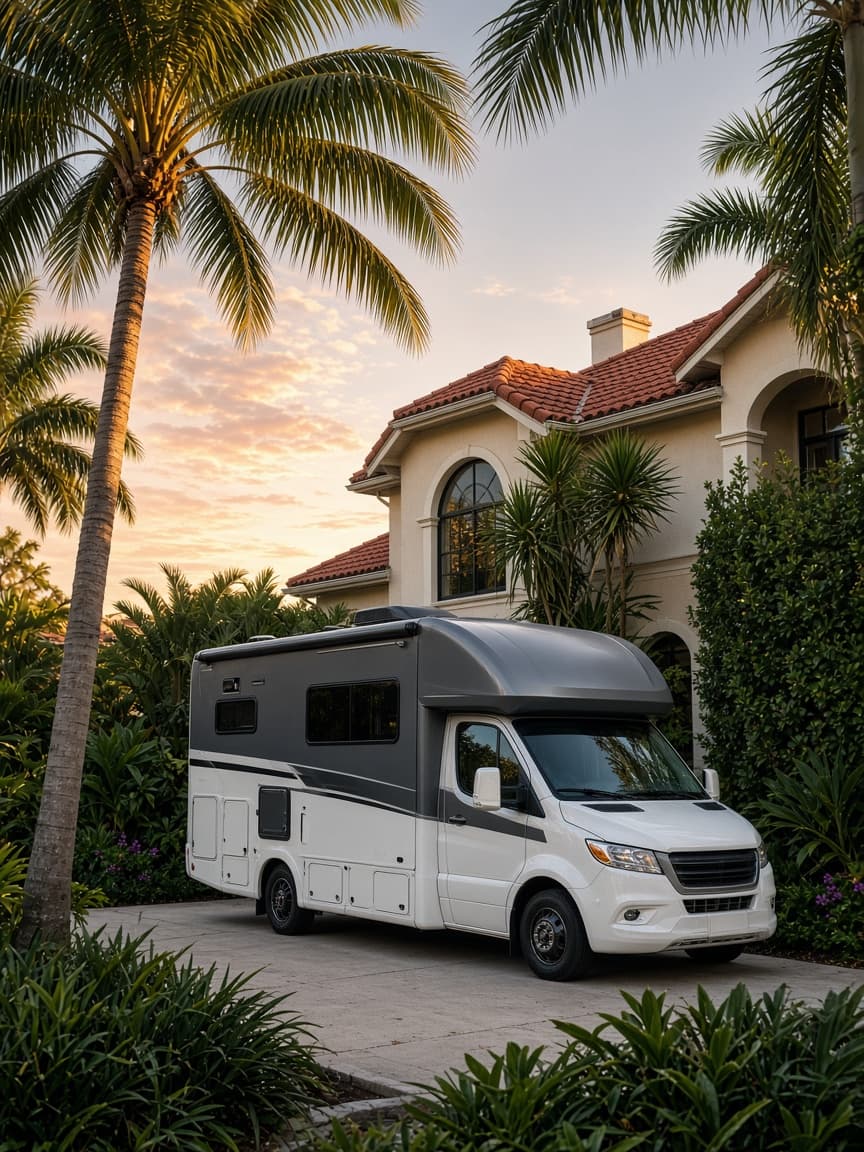 A residential driveway with a travel trailer in Pinellas County, Florida, no landmarks
