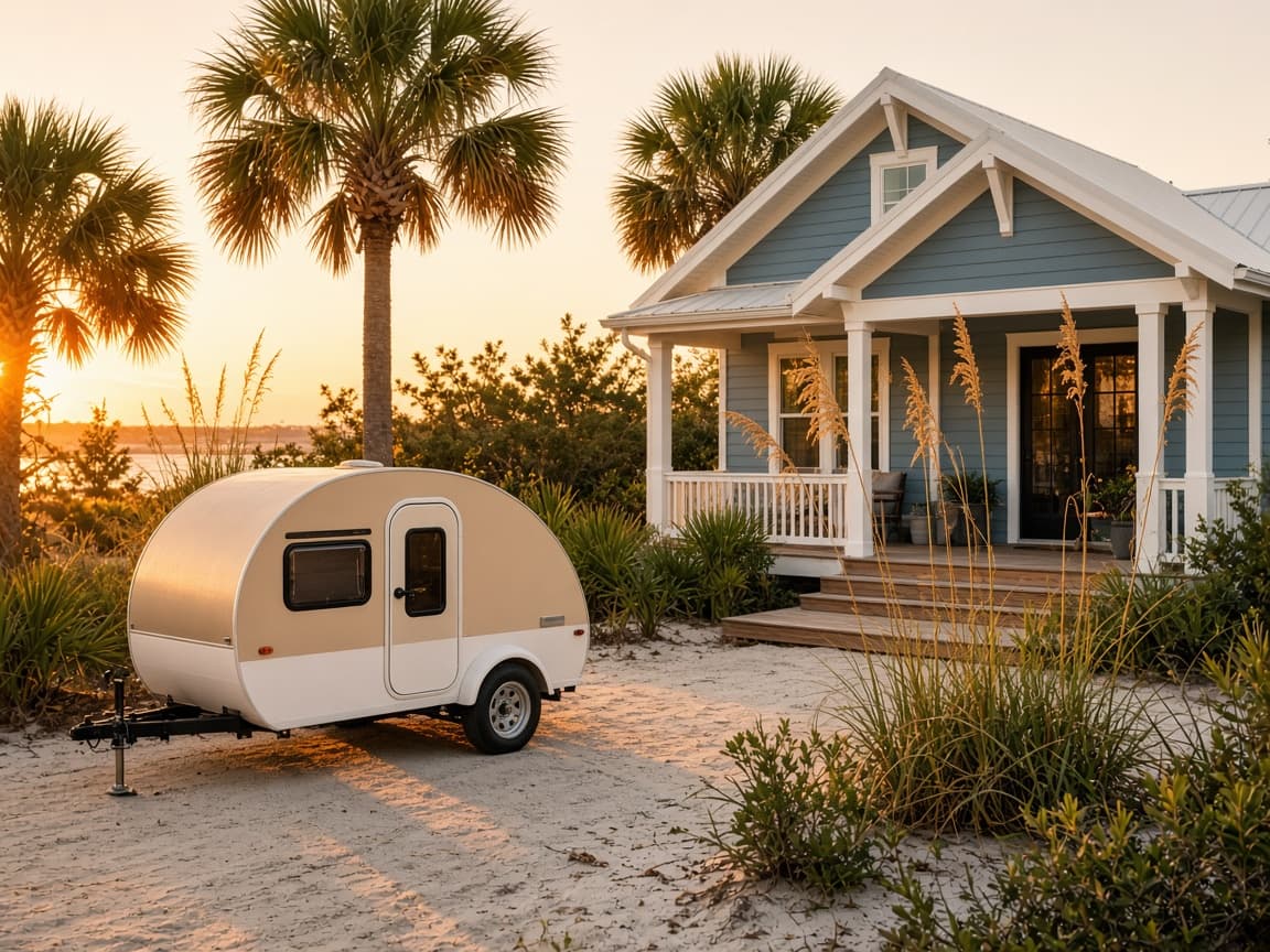 A residential driveway with a travel trailer in Sarasota County, Florida, no landmarks