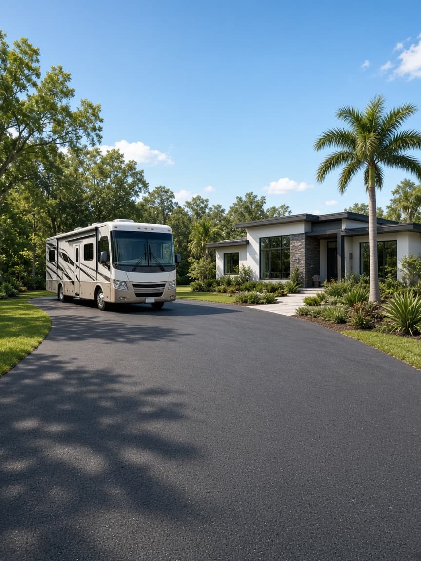 A residential driveway with a travel trailer in Seminole County, Florida, no landmarks