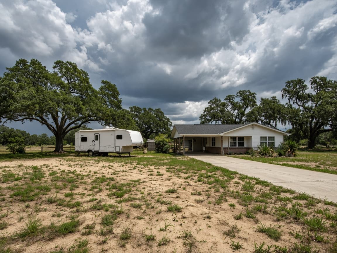 A residential driveway with a travel trailer in Sumter County, Florida, no landmarks