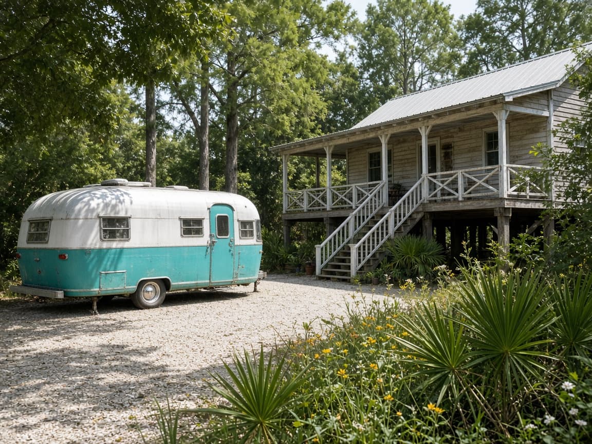 A residential driveway with a travel trailer in Suwannee County, Florida, no landmarks