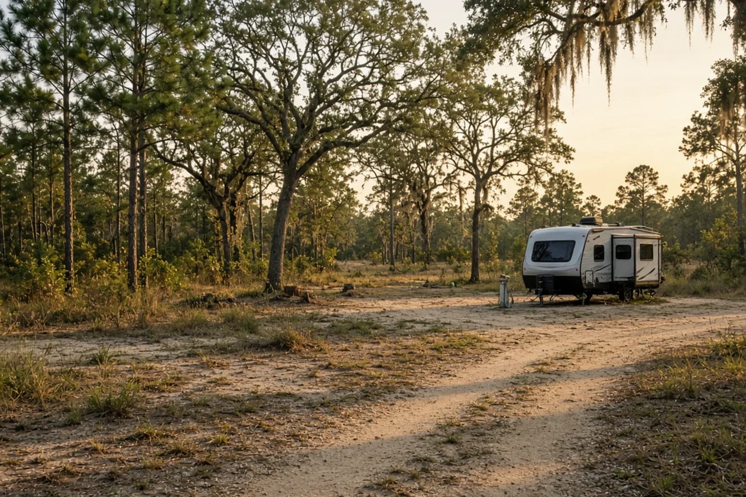 A residential driveway with a travel trailer in Union County, Florida, no landmarks