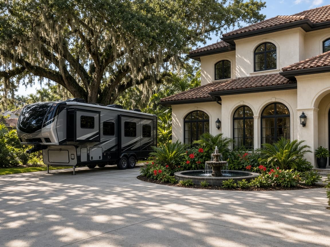 A residential driveway with a travel trailer in Volusia County, Florida, no landmarks