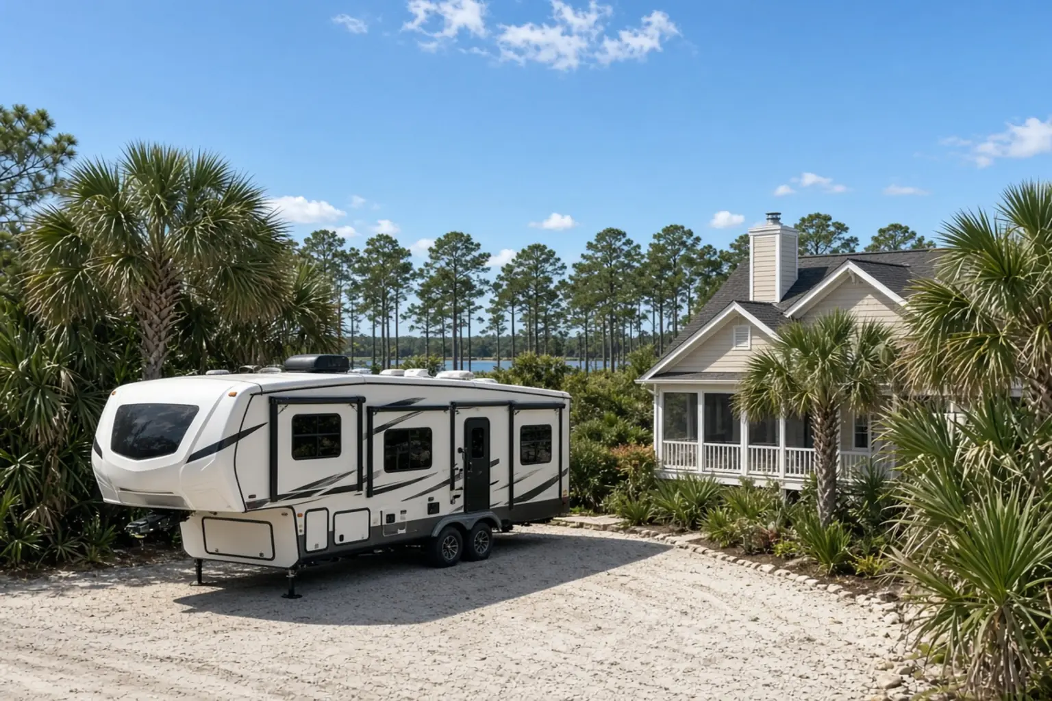 A residential driveway with a travel trailer in Wakulla County, Florida, no landmarks