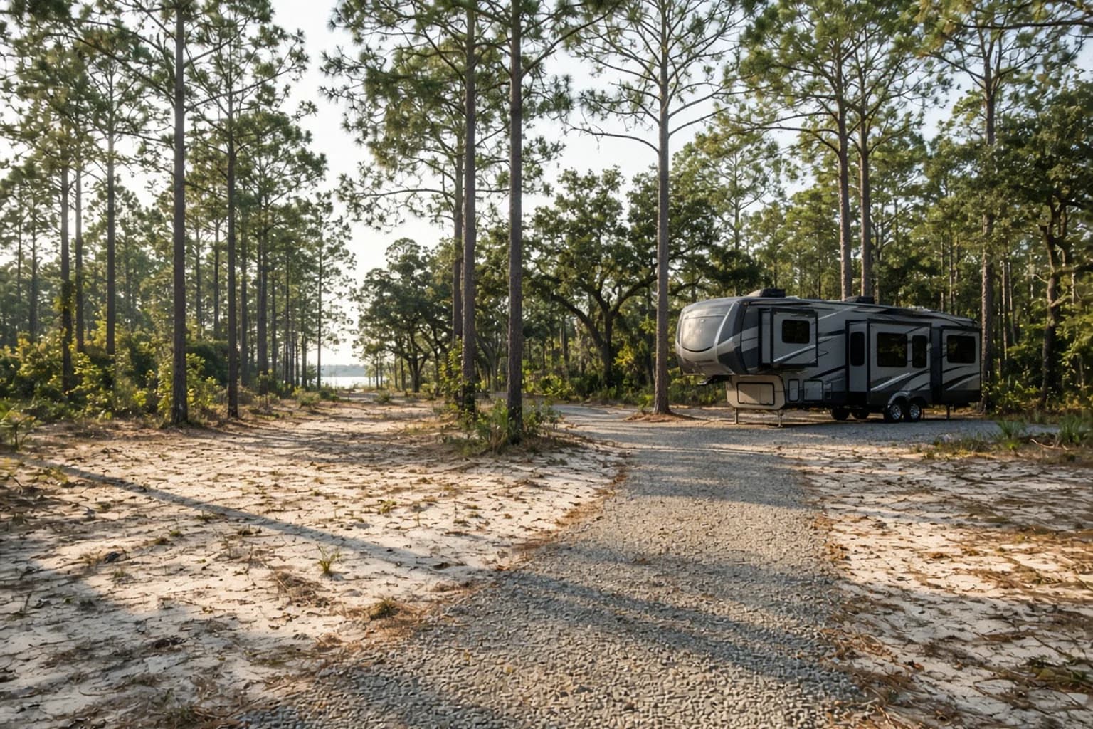 A residential driveway with a travel trailer in Walton County, Florida, no landmarks