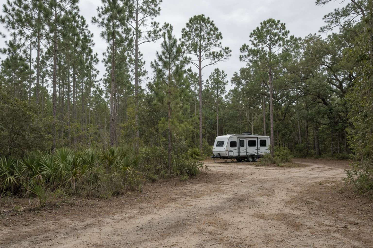 A residential driveway with a travel trailer in Washington County, Florida, no landmarks