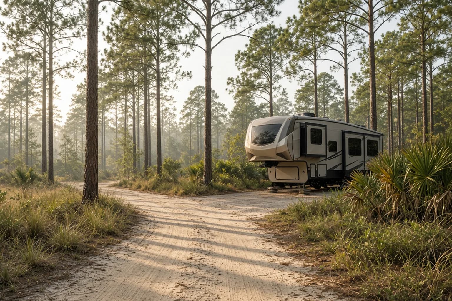 A residential driveway with a travel trailer in Brantley County, Georgia, no landmarks