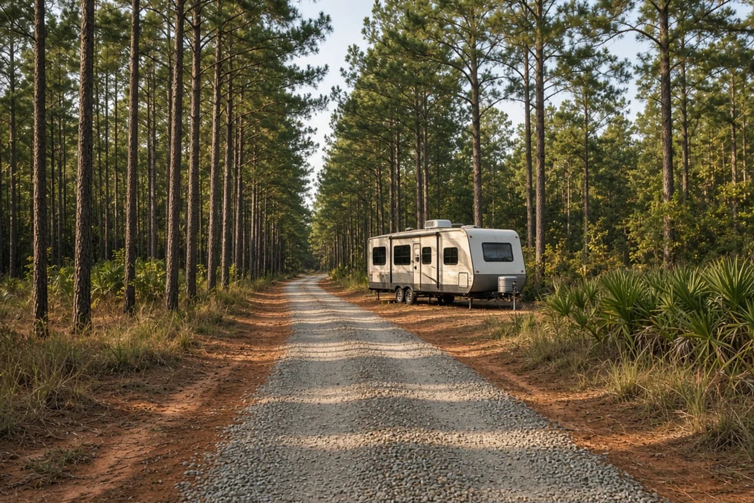 A residential driveway with a travel trailer in Bulloch County, Georgia, no landmarks