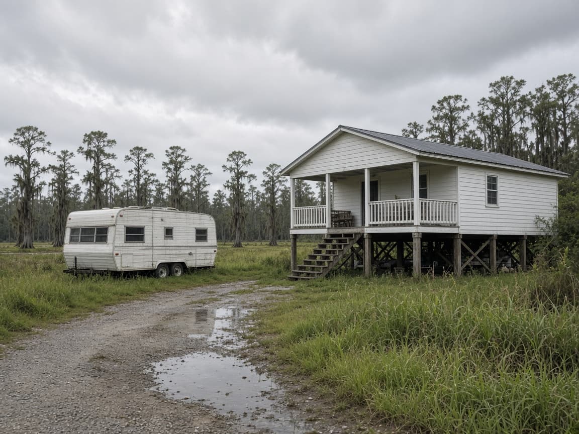 A residential driveway with a travel trailer in Assumption Parish, Louisiana, no landmarks