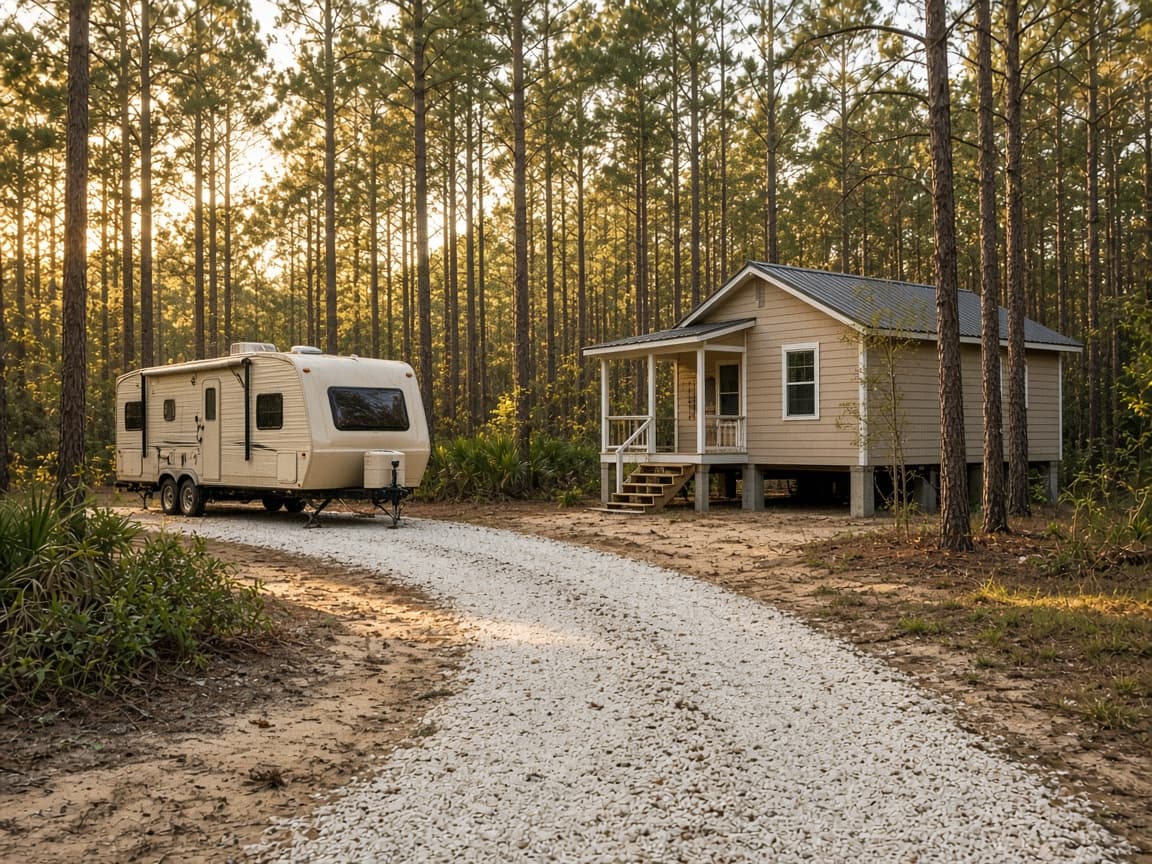 A residential driveway with a travel trailer in Beauregard Parish, Louisiana, no landmarks