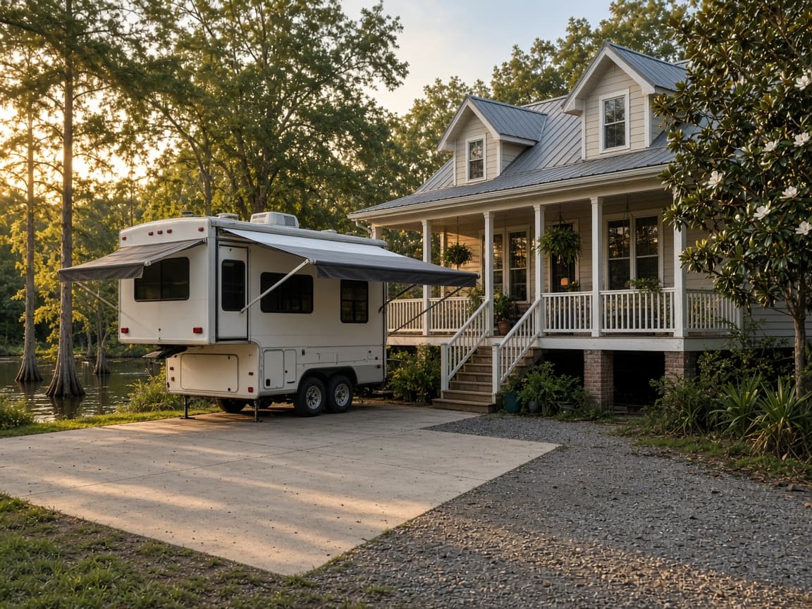 A residential driveway with a travel trailer in Calcasieu Parish, Louisiana, no landmarks