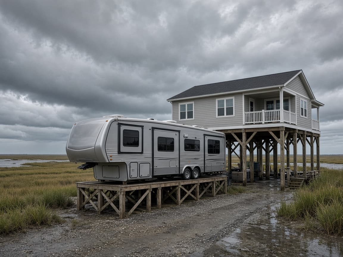 A residential driveway with a travel trailer in Cameron Parish, Louisiana, no landmarks