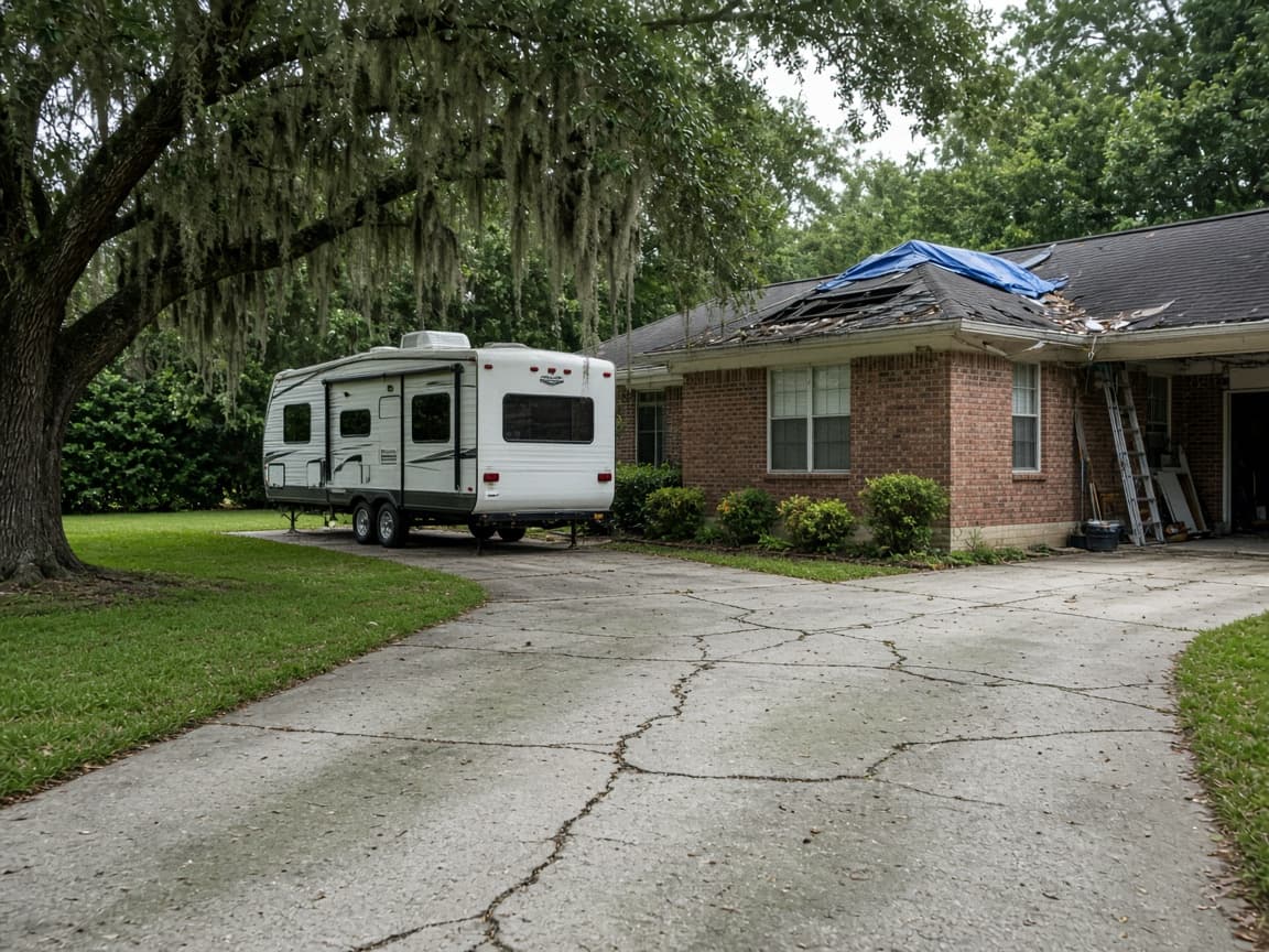 A residential driveway with a travel trailer in East Baton Rouge Parish, Louisiana, no landmarks