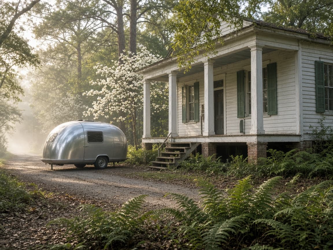 A residential driveway with a travel trailer in East Feliciana Parish, Louisiana, no landmarks