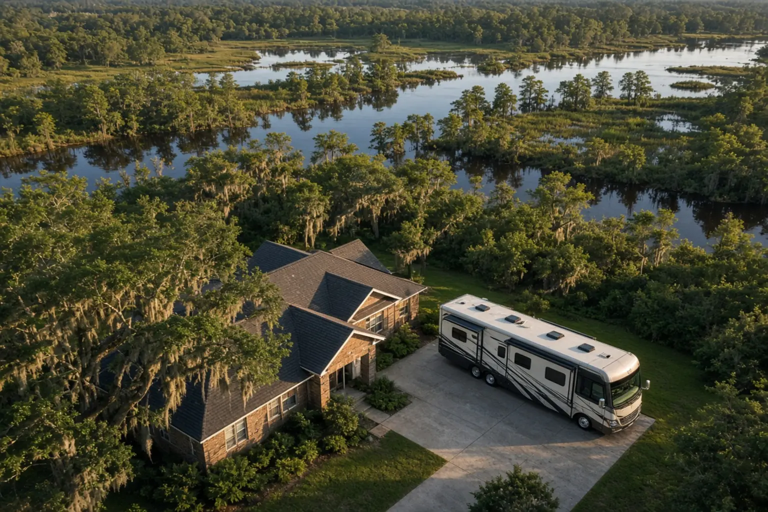 A residential driveway with a travel trailer in Iberia Parish, Louisiana, no landmarks