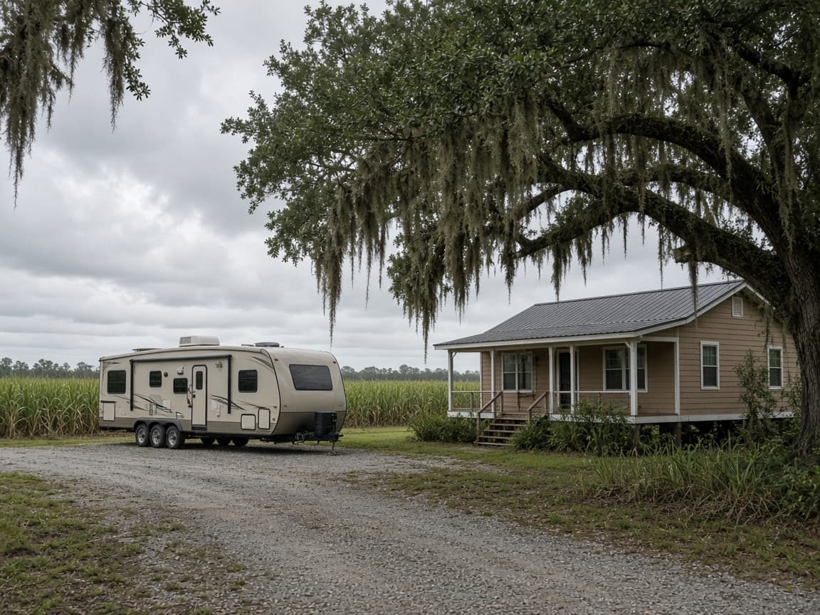 A residential driveway with a travel trailer in Iberville Parish, Louisiana, no landmarks