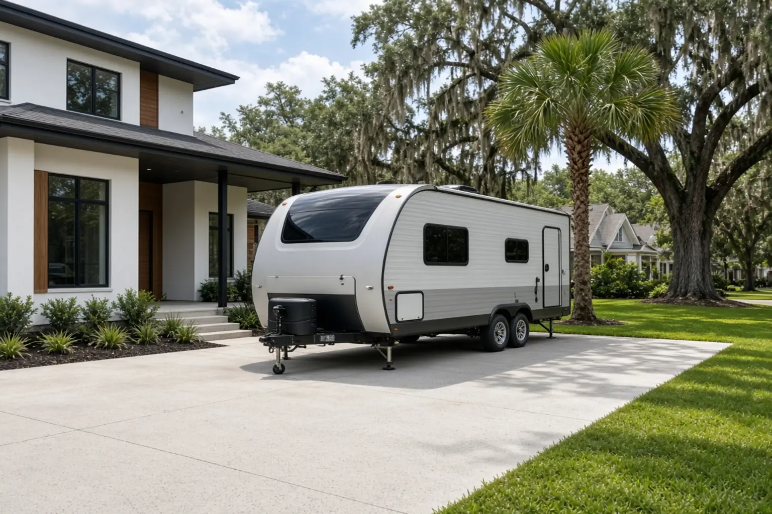 A residential driveway with a travel trailer in Jefferson Parish, Louisiana, no landmarks