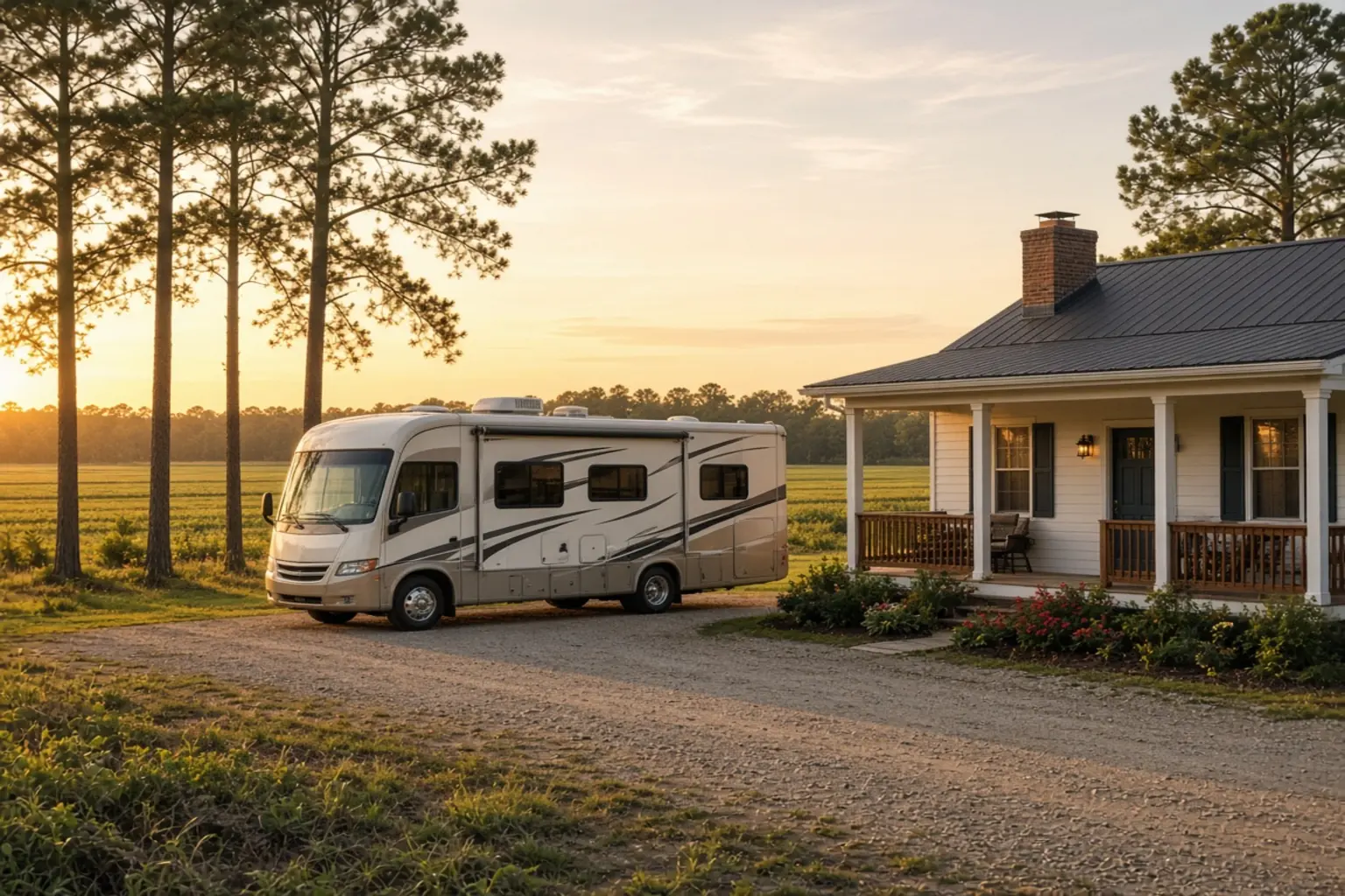 A residential driveway with a travel trailer in Jefferson Davis Parish, Louisiana, no landmarks