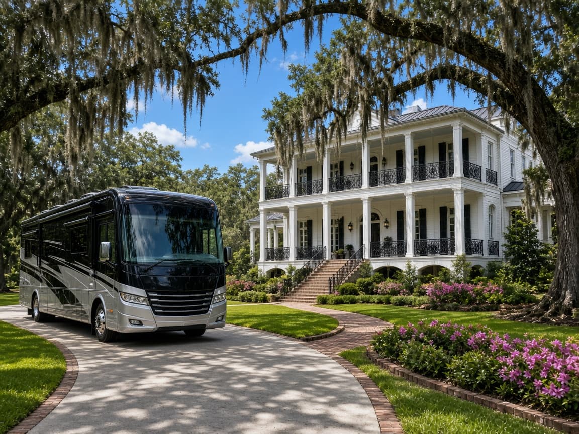 A residential driveway with a travel trailer in Lafayette Parish, Louisiana, no landmarks