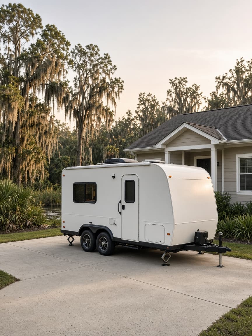 A residential driveway with a travel trailer in Lafourche Parish, Louisiana, no landmarks