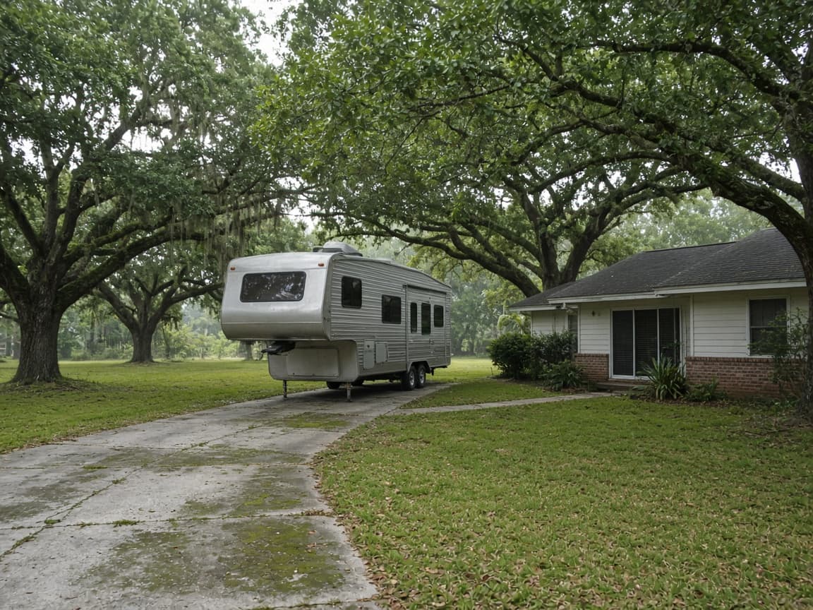 A residential driveway with a travel trailer in Livingston Parish, Louisiana, no landmarks
