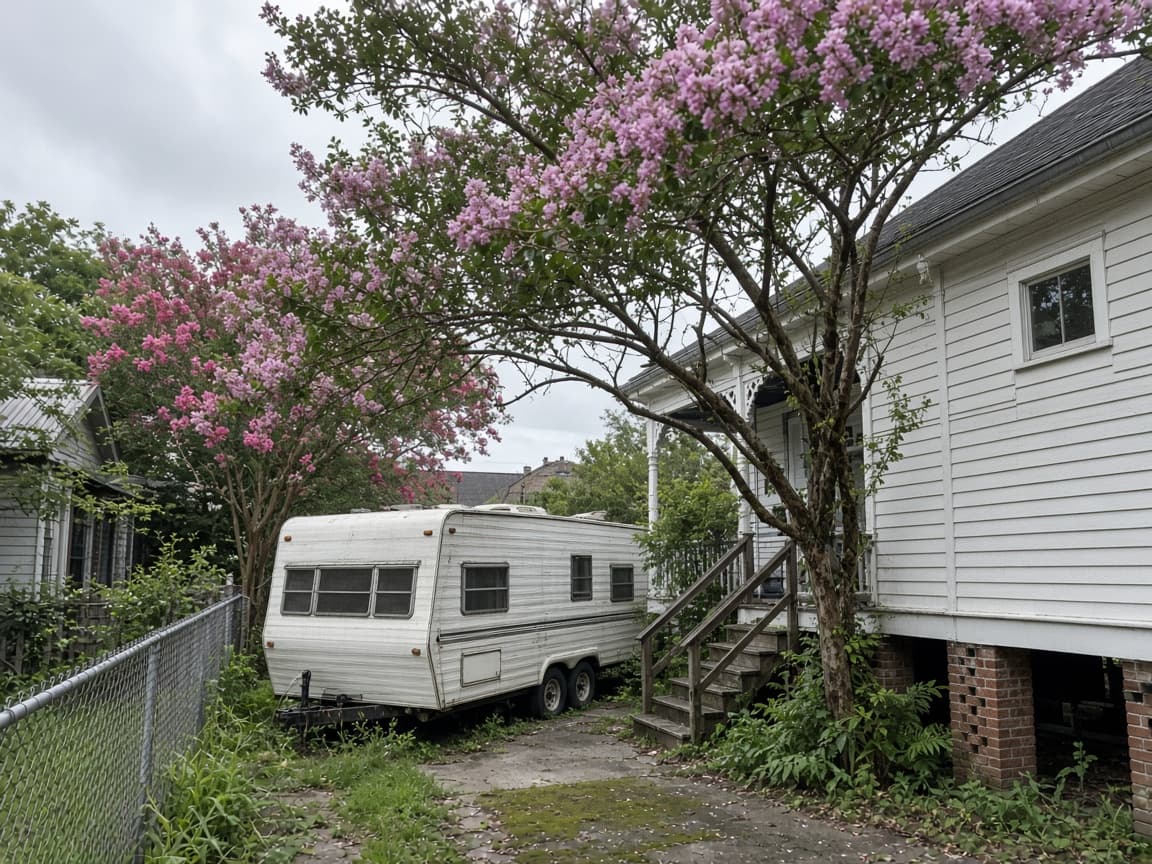 A residential driveway with a travel trailer in Orleans Parish, Louisiana, no landmarks