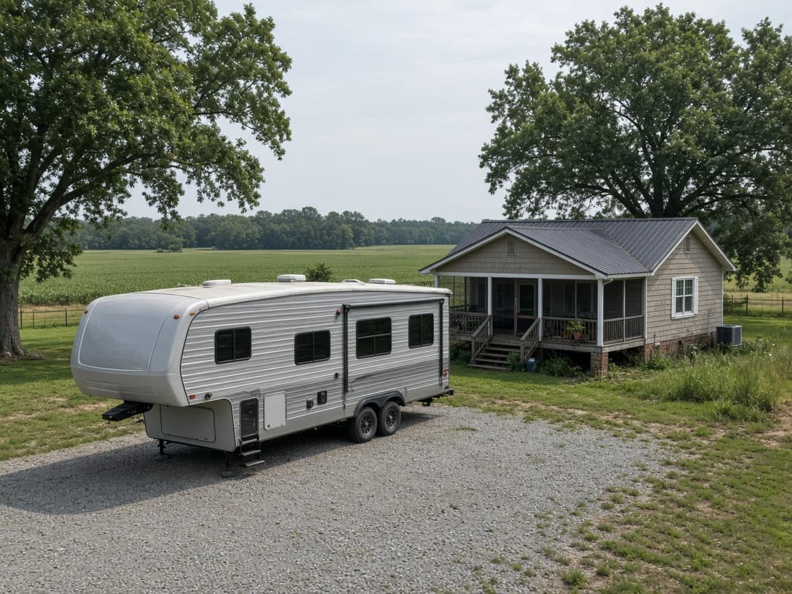 A residential driveway with a travel trailer in Pointe Coupee Parish, Louisiana, no landmarks