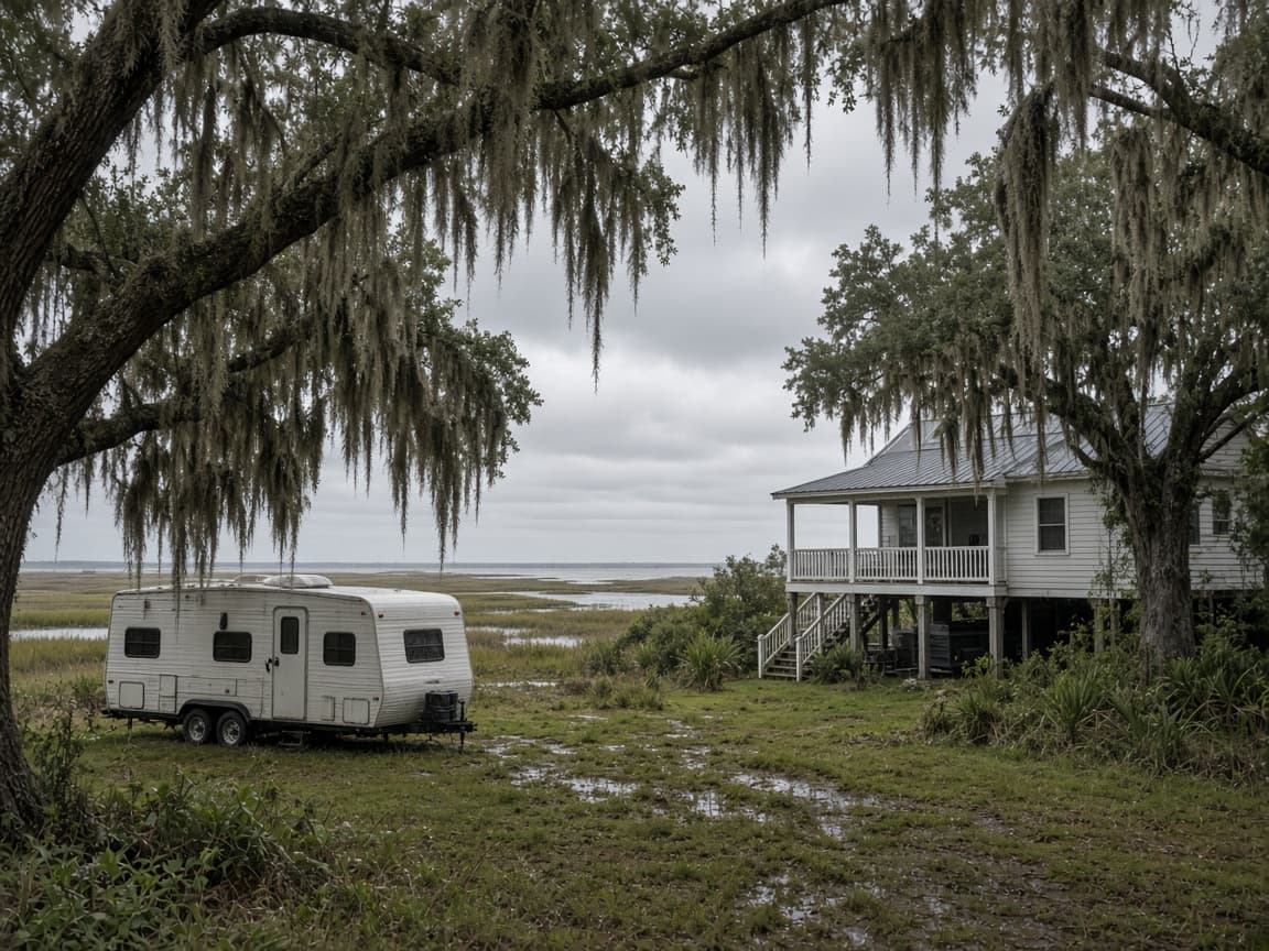 A residential driveway with a travel trailer in St. Bernard Parish, Louisiana, no landmarks
