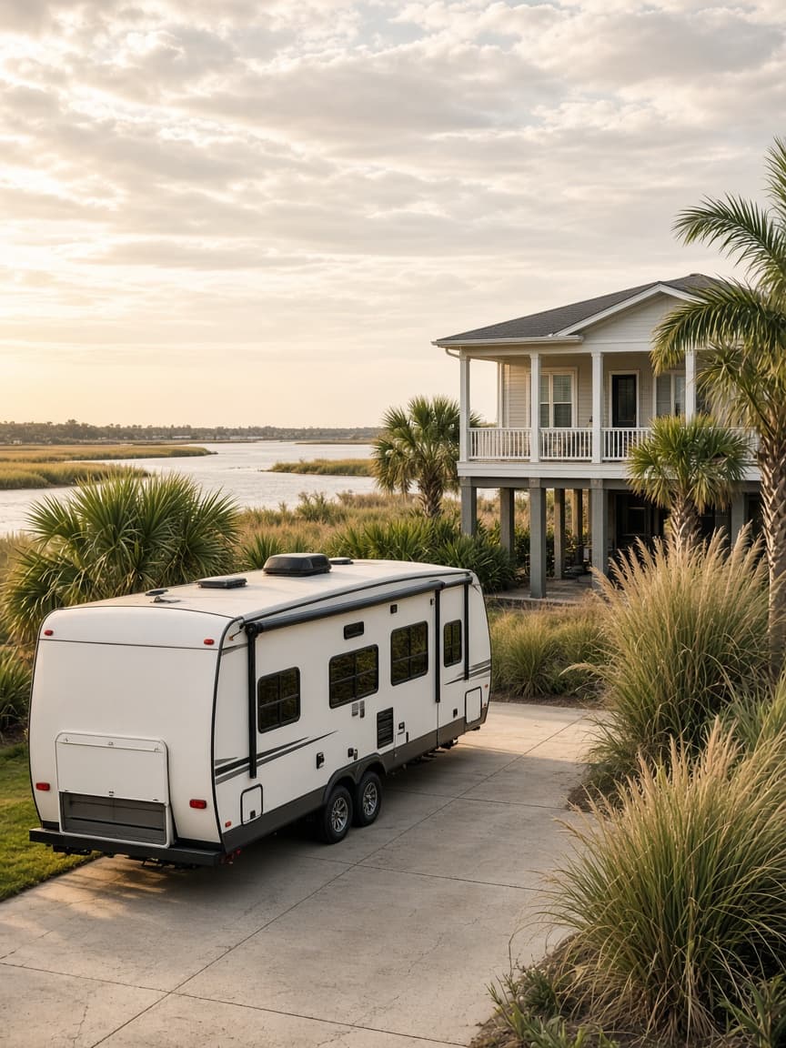 A residential driveway with a travel trailer in St. Charles Parish, Louisiana, no landmarks