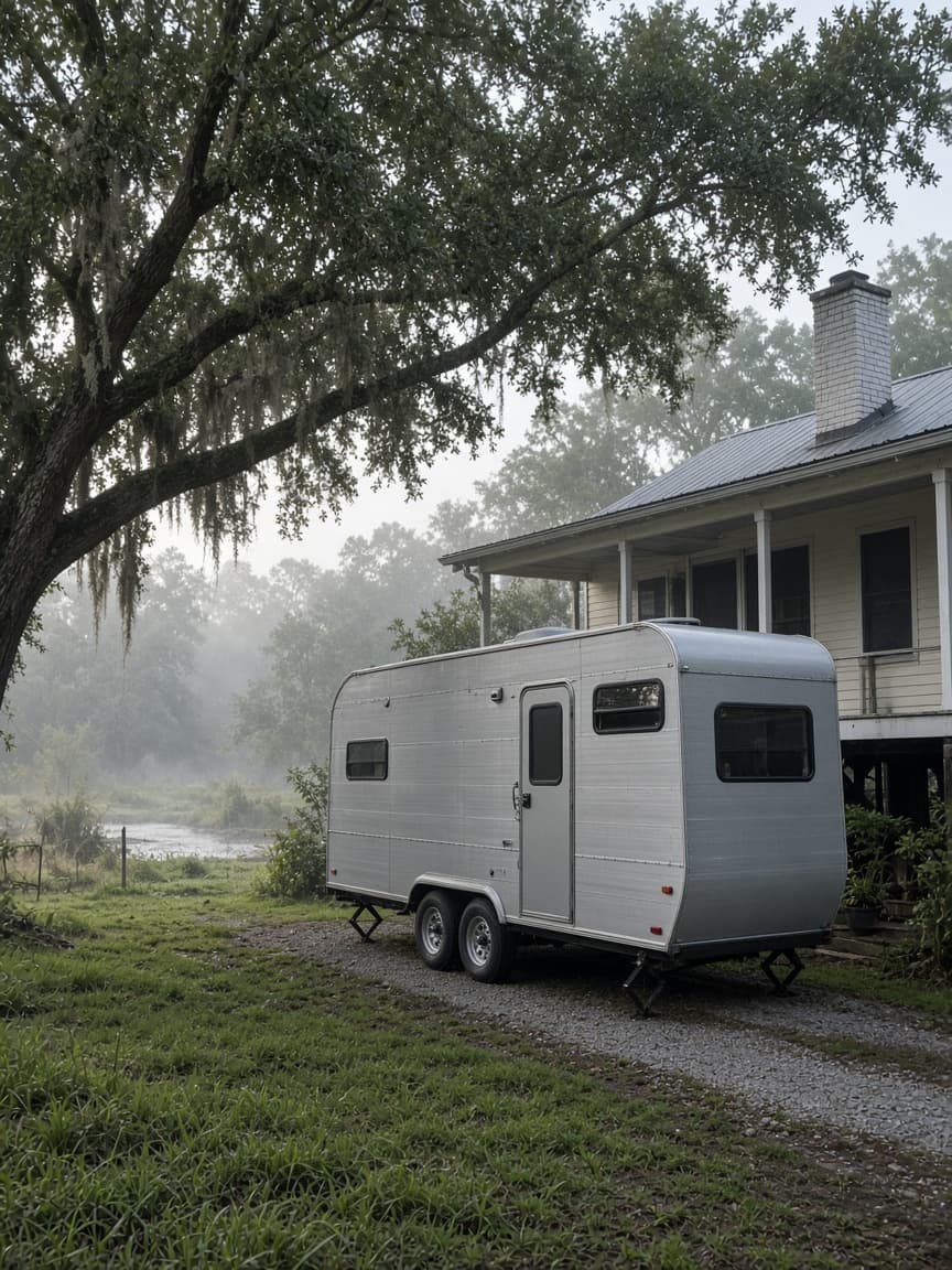 A residential driveway with a travel trailer in St. Martin Parish, Louisiana, no landmarks