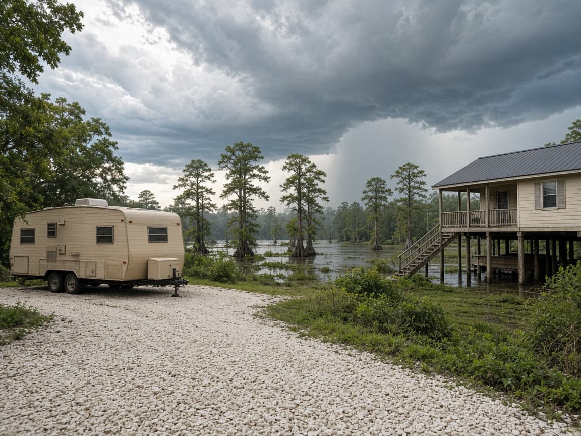 A residential driveway with a travel trailer in St. Mary Parish, Louisiana, no landmarks