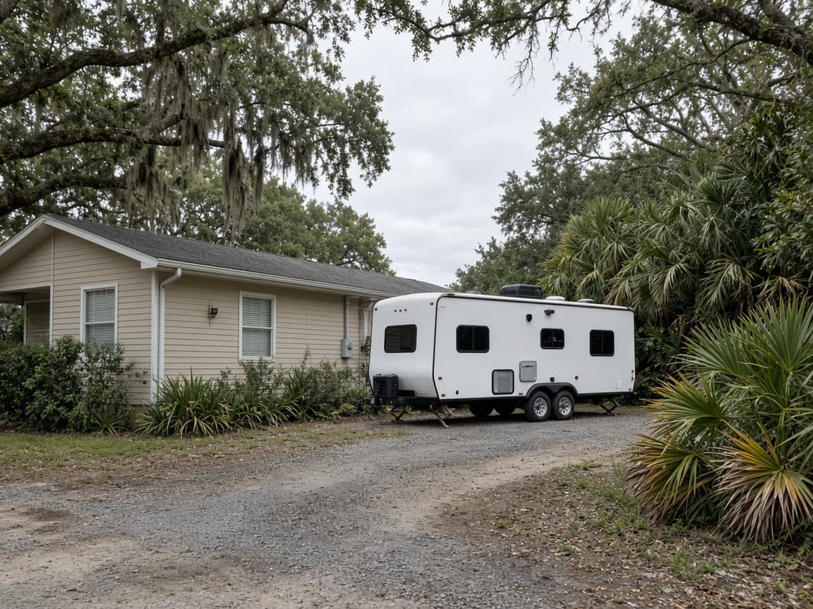 A residential driveway with a travel trailer in St. Tammany Parish, Louisiana, no landmarks