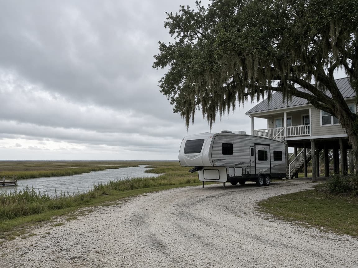 A residential driveway with a travel trailer in Terrebonne Parish, Louisiana, no landmarks