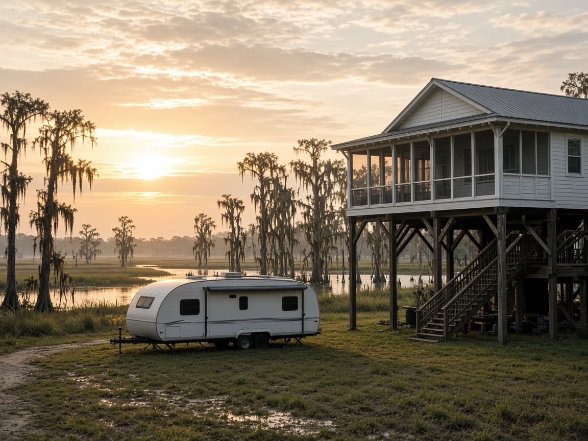 A residential driveway with a travel trailer in Vermilion Parish, Louisiana, no landmarks
