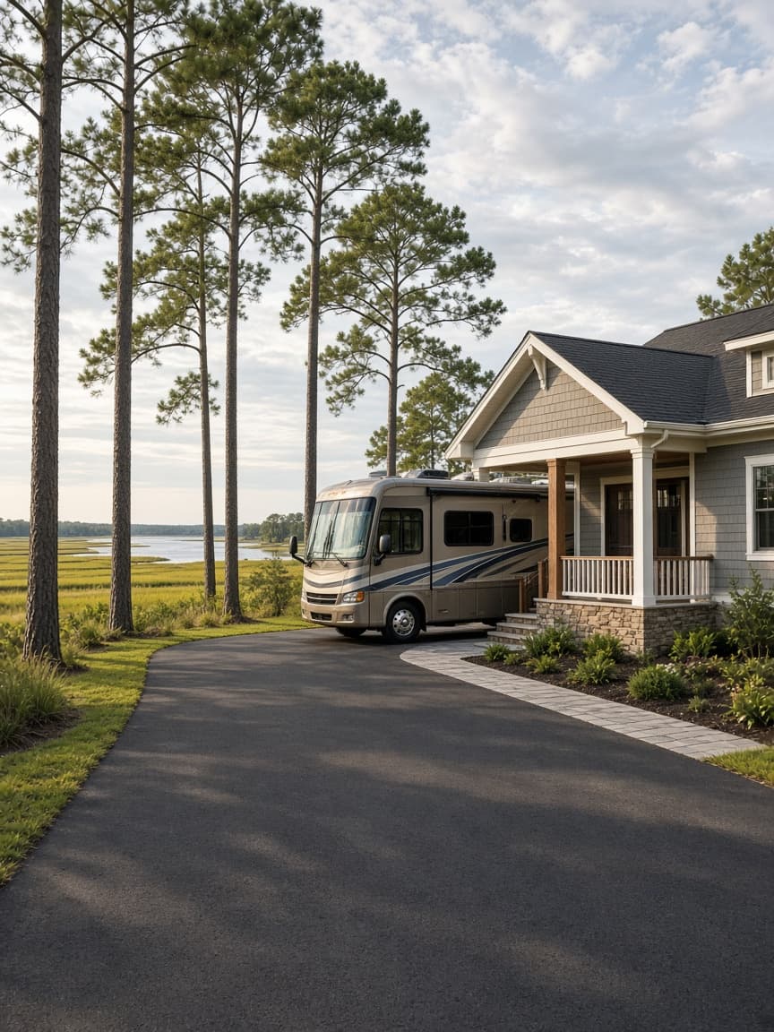 A residential driveway with a travel trailer in Beaufort County, North Carolina, no landmarks