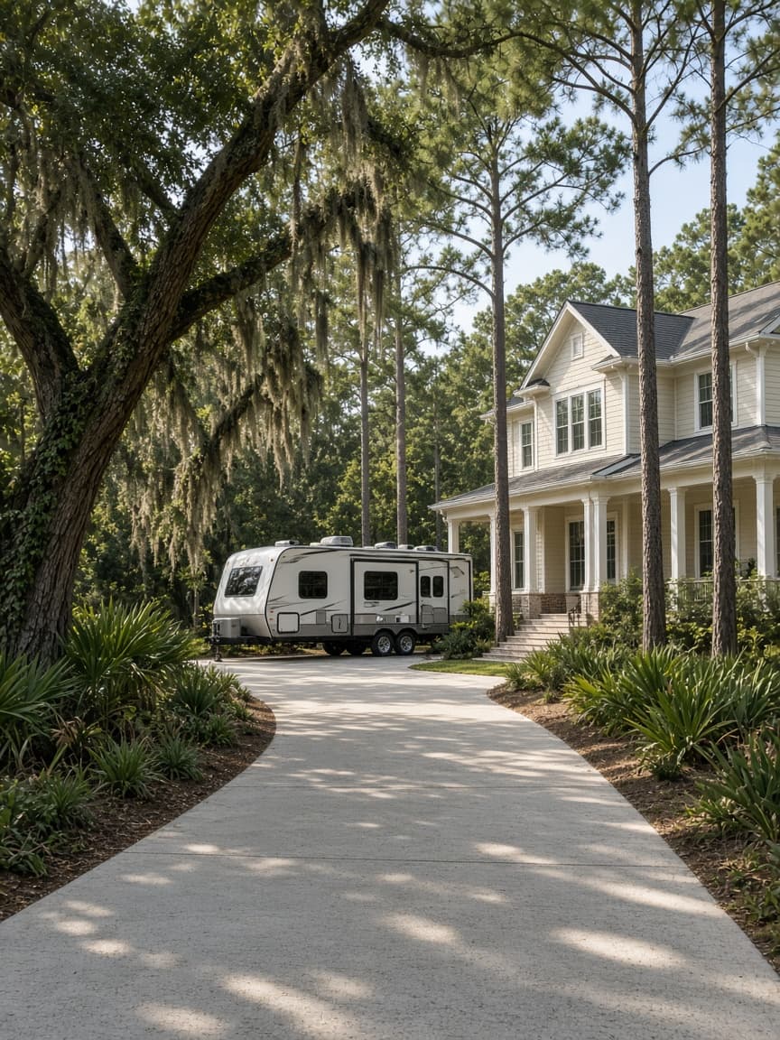 A residential driveway with a travel trailer in Brunswick County, North Carolina, no landmarks