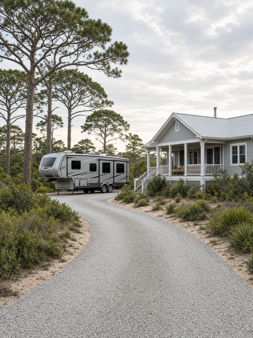 A residential driveway with a travel trailer in Carteret County, North Carolina, no landmarks