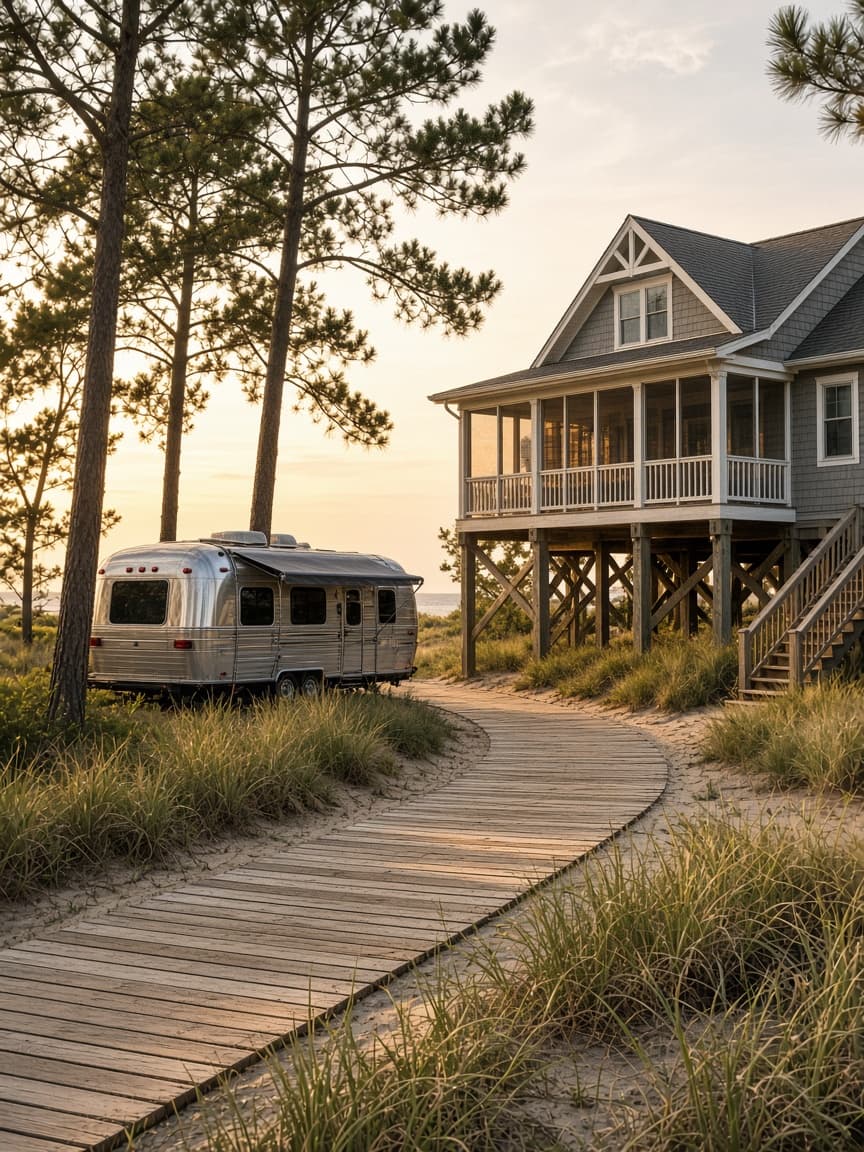 A residential driveway with a travel trailer in Dare County, North Carolina, no landmarks