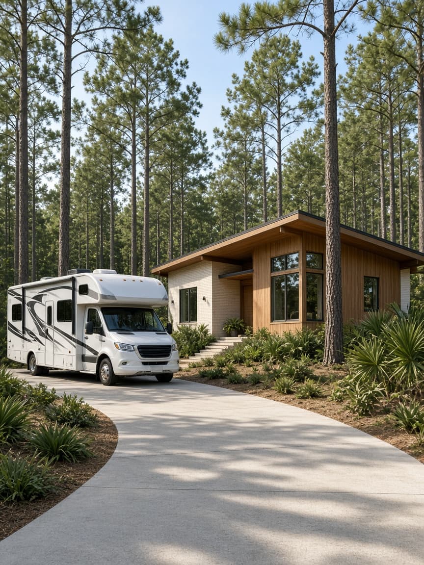A residential driveway with a travel trailer in Onslow County, North Carolina, no landmarks
